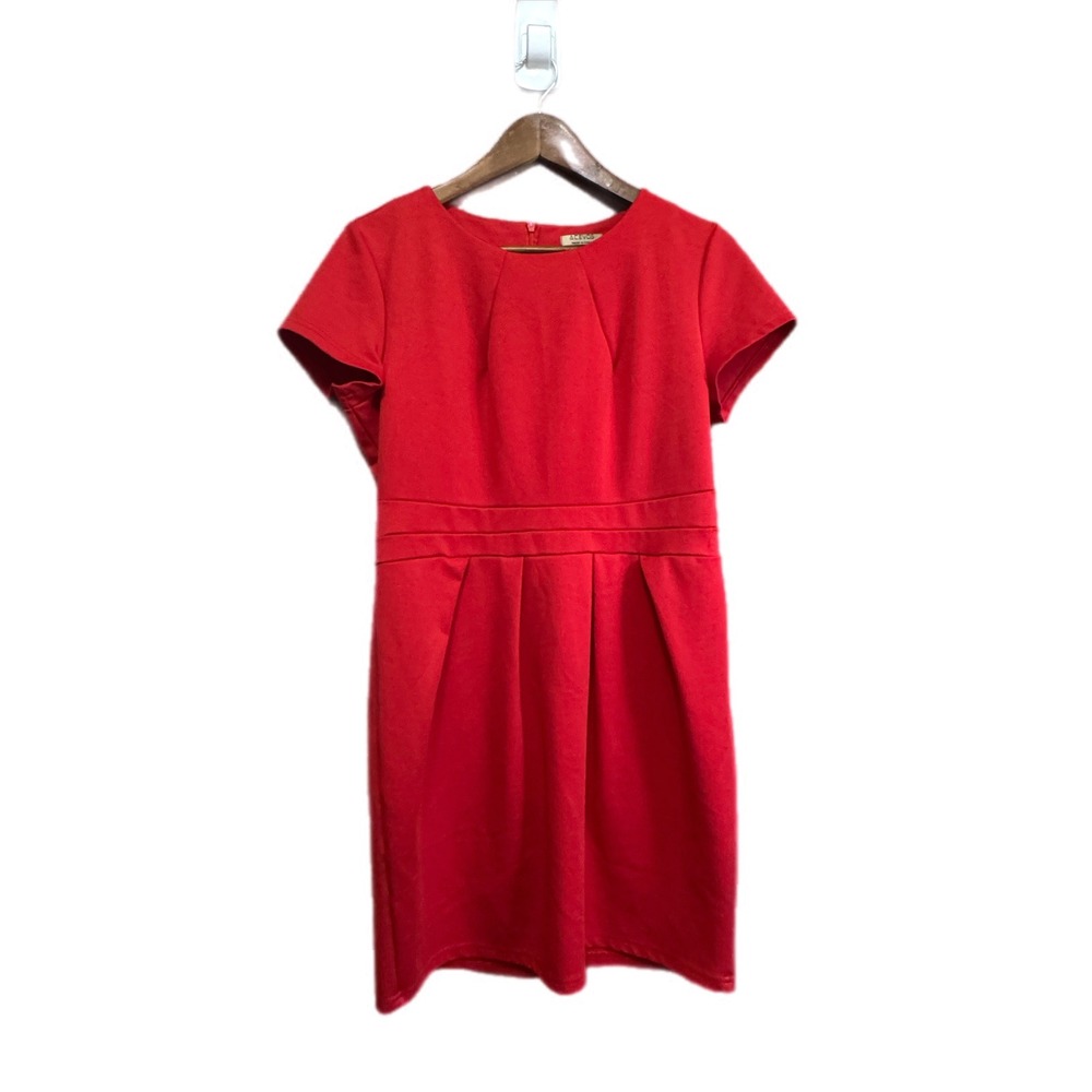 Acevog Pleated Fit and Flare Dress Women Large Red Excellent Short Sleeve Knit